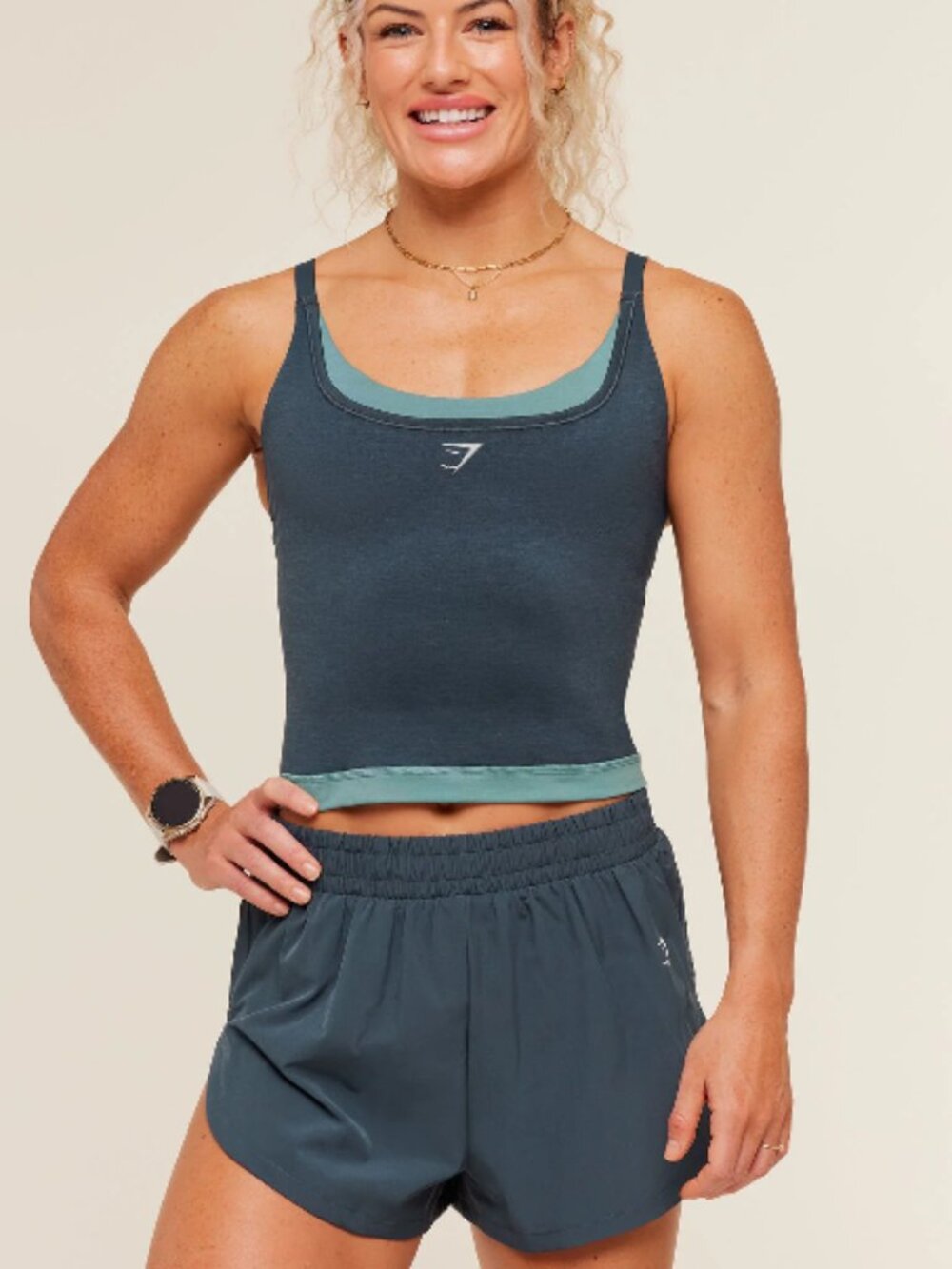 Gymshark Interval 2 Piece Set Womens Medium Blue Midi Tank High Shorts Outfit